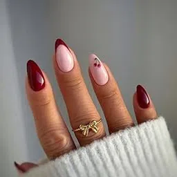 Set Of 14Pc, Press-on, Short Almond Maroon French Tip With Cherry Design, Nail Extensions With Free Glue Kit-picture-50