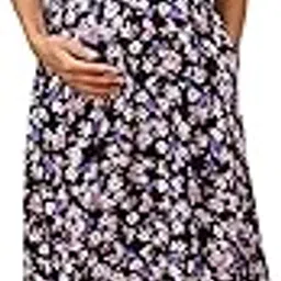 Maternity & Nursing Dress | Rayon Floral Knee-Length Dress with Concealed Zip Feeding Access & Pockets | Pregnancy & Postpartum Friendly-image-42