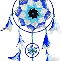 Handmade Dream Catcher, Blue and White with Crystal Beads, Cotton Thread Woven Design with 2 Evil Eye Beads.-picture-16