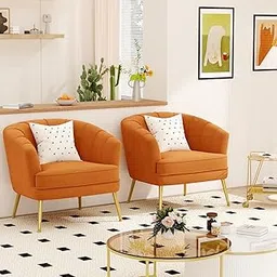 The Sofa Studio - Classic Chasterfield Accent Velvet Chair Set of 2 Channel Tufted Armchairs with Golden Matel Legs for Living Room, Bedroom, Drawing Room (Orange)-image-32