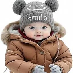 fit focus Pink Winter Knit Beanie Hat with Double Pom Pom Ears, Smile Text Design, Warm Ribbed Cap for Baby and Toddler (in, Numeric, 2 Years, Grey)-picture-29