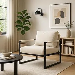 Creative Accent Chair with Metal Frame, Upholstered Armchair, Beige Linen Fabric, Black Square Frame | (Cream White)-picture-46