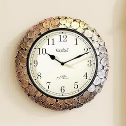 CRAFTEL Brass Analog Coin Desgin Wall Clock Handcrafted Clock Decorative Vintage Wall Clock for Bedroom Living Room Home and Office (Gold, 12 Inches)-picture-34