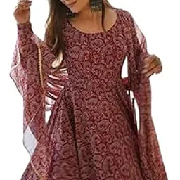 dream crushers Women's Floral Printed Georgette Anarkali Fit Long Sleeves Lightweight Ethnic Wear Gown + Dupatta Set (H_F_00011_Maroon_Small)-picture-56