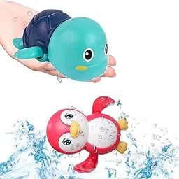 WISHKEY Plastic Bath Tub Toys for Kids, Cute Floating Penguin and Turtle Bath Toys Set, Water Toys for Baby Boys & Girls, Baby Swimming Floating Pool Toys, Multicolor, 0-3 Years (Pack of 2) image 1