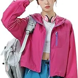 UPF 50+ Sun Protection Jacket Stylish Cropped Sunscreen Top for Women Ultra-light Quick Dry Hoodie with Back Air Vent & Chest Zip Pocket, Water-Proof UV Coat for Outdoor, Hot Pink, L-image-82