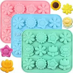 Moldberry Silicone 12 Cavity Flower Chocolate Molds Floral Sunflower Tulip Daisy Candy Baking Molds Cake Pop Mold Ice Cube Soap Jello Candle Mould for DIY Craft Pudding Desserts - Pack 1-image-2