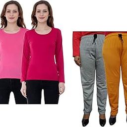 indiweaves Women Winter Wear Solid Cotton Full Sleeves T-Shirt and Fleece Warm Lower/Track Pants (Pink, Magenta, Grey, Mustard, 36-M) Pack of 4-picture-1