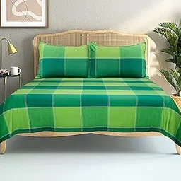 AIRWILL, 200GSM Handloom Cotton Double Bedsheet with 2 Pillow Covers, 4-Way Dobby Checks Designer Weaved Green Combo - Pack of 3 pcs image 1