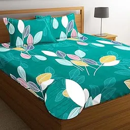 BSB HOME Style Cotton Feel Glace Cotton Elastic Fitted Printed King Size Double Bed Bedsheet with 2 Pillow Cover (78"x72", Floral-White and Green)-picture-10
