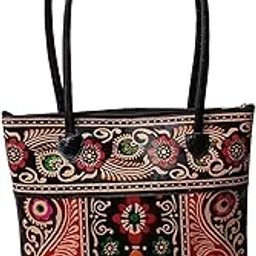 chitrahar Shantiniketan Genuine Leather Handcrafted Batik Printed Big Size Shopping Bag (black)-picture-45