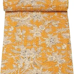 Premium Jaipuri Kantha Bedcover - Soft & Pure Cotton, Handcrafted & Handstitched Bedsheet/Gudri, King Size 90x108 inches (for Double Bed), Floral Pattern, (Yellow)-picture-10