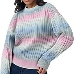 Blushwood Women and Girls Full Sleeves Round Neck Light Blue Pink Pastel Tie Dye Acrylic Polyester Ribbed Knit Casual Winter Oversized Pullovers-image-63