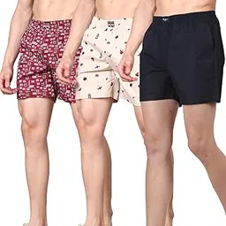 Men's Cotton Boxers Multipack Combo – Soft & Breathable, 2 Side Pockets, Comfortable Fit for Everyday WearPack of 3 | Tofu & Navy & Rumba-image-90