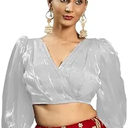 pujia mills Women's Rafale Silk Full Balloon Sleeve V Neck Blouse(Gangu)-picture-20