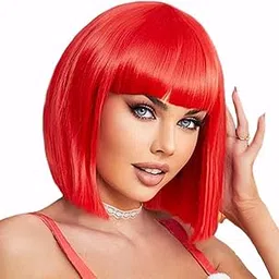 Wanna Party Red Bob Wig With Bangs | Short Blunt Cut for Women | Straight Hair for Halloween Cosplay Party-image-80