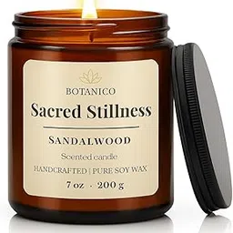 Botanico Sacred Stillness – 100% Natural Soy Wax Candle 200g (7oz) | Sandalwood Scented | Handcrafted, Non-Toxic & Smokeless | 50+ Hours Burn | Aromatherapy Candle for Home Decor & Gifting image 1