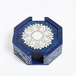 HASTAM Handmade Wooden Coaster Set with Holder, Navy Blue with White Floral Mandala Design, Octagonal Shape Tea Coffee Table Coasters for Home, Kitchen & Gifting (Set of 6)-image-16