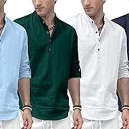 zombom Combo of Men's Solid Cotton Blend Full Sleeve Mandarin/Chinese Collor Straight Kurta (Pack of 4)-picture-28