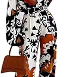 Casual Floral Summer Pant-Suit Turndown Collar Long Sleeve Two-Piece Outfit for Women White-image-56