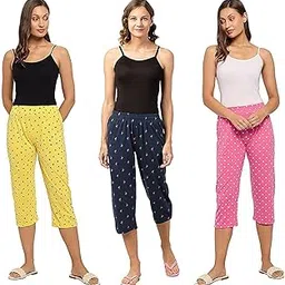 suman tex Women's Cotton Printed Nightwear Capri for Girls and Women Printed 3/4 Pyjama(Pink,Yellow, Navy Blue) Plus Size Set of 3-picture-30