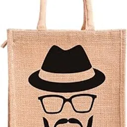 H&B Hipster-Handsome Hunk Printed Jute bags for lunch with Zip (Beige, Size:11x10x6 In)-picture-25