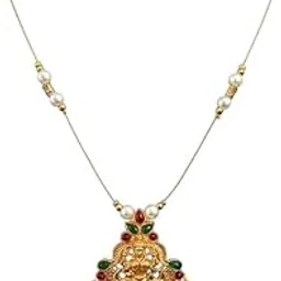 Traditional Temple Lakshmi Invisible Necklace with Pearl and Ruby Stones, Gold-Plated Chain-picture-25