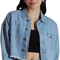 belliskey Women’s Light Blue Cropped Denim Jacket | Full Sleeve Collared Button Closure | Solid Denim with Frayed Hem-picture-50