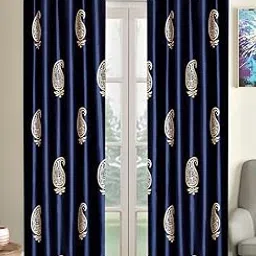 Home Sizzler 2 Pieces Hand Block Gold Paisley Printed Eyelet Polyester Door Curtains - 7 Feet, Blue-picture-13