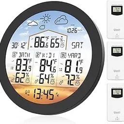 Uzoli EM3567 6.7" Round Wireless Weather Station with 3 Sensors Color Display Home Weather Stations Indoor Outdoor Thermometer with Atomic Clock Temperature Humidity Weather Forecast-picture-22