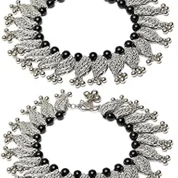 karatcart Silver Plated Balck Beads Studded Kundan Anklet for Women-picture-14
