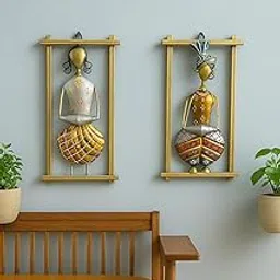 pranjals house Metal Wall Decor for living room decoration - Vintage Handmade Rajasthani Musician Showpiece for wall decoration - Set of 2 Frames - Size-12 x 6 Inches Each-picture-14