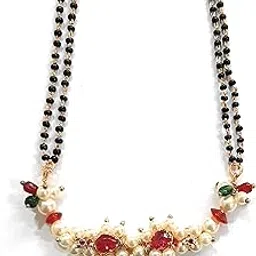 Moteeya red green white pearl and american diamond 'nuth' pendant mangalsutra set with mathching earring in black beads ganthan gold platted for women-picture-24