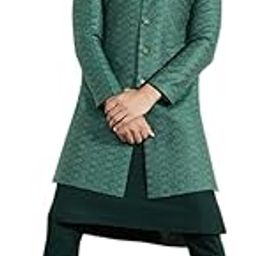 kisah Men's Kurta Indo-Western Sherwani Churidar Set, Green Silk Blend, Woven Design Regular Fit Mandarin Collar Long Sleeves-picture-29