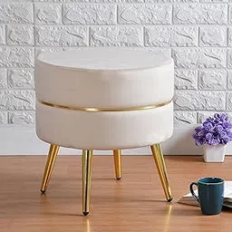 Metalic Ottoman Stool for Living Room Furniture with 4 Golden Leg - Ottoman pouffes for Sitting/Room dcor puffies- Puffy Stool and footstools (17 Inch Height, Offwhite)-image-6
