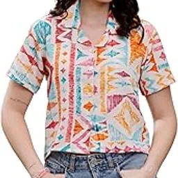 zilcon Womens Printed Shirt Short Sleeve V Neck Collared Button Up Summer Goa Holiday Style Shirt and Work Office wear Tops-picture-47