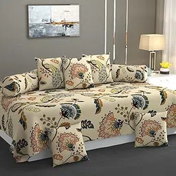 Slazie Premium Cotton Diwan Set 8 PCS|300 TC Fabric |1 Bedsheet (90x60 inch), 5 Cushion Covers (16x16 inch), 2 Bolster Covers (16x32 inch) |Vibrant Floral & Geometric Designs|Beige Floral-picture-29