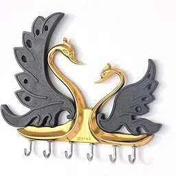 Two Swan (Hans) Key Holder, Love Bird Key Stand with 6 Hook, Full Metal Wall Mount Hanger, Home Decor Gift (Gold Black)-image-99