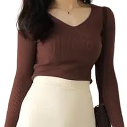 Casual Full Sleeve V Neck Ribbed Top for Girls – Comfortable Lycra Knitted Top-picture-67