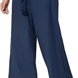 the souled store Cotton Linen Pant: Rich Navy Women and Girls Drawstringed Blue Solid Wide Leg Fit Casual Cotton Linen Pants-picture-34