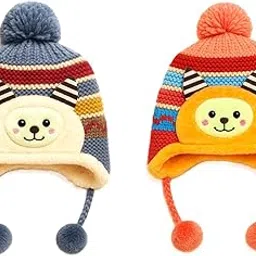 HIMAYASPS Warm Winter Cap with Pom Pom Inner Fur Fleece Lining Cute Cartoon Hat for Toddler Girls Multicolor Pack of 2 Age rangeWarm 4-10 Years image 1
