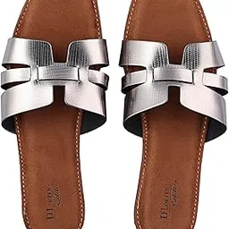 d lorzeri D'LORZERI Women's Metallic Silver Slide Sandals - Comfortable Slip-On Flats with Stylish Cut-Out Design, Cushioned Footbed (Brown)-picture-54