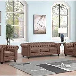 Fine Wood Art | Round Arm 3+1+1 Modern Tuffted Leather Designer Sofa Set for Living Room Bedroom Office (Brown Lethertte)-picture-12