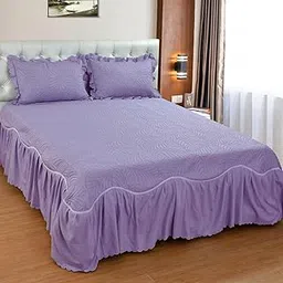 The Little Big Store King Size Solid Quilted Soft Bedsheet Cotton Feel Bedspread | 350 GSM 108"x108" Bed Cover with 2 Pillow Covers Bed Skirt with Ruffle Fringe Side Frills Pleated Laces (Purple)-picture-17