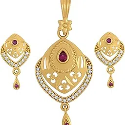gold plated pendant set for woman/GIRL, Traditional Gold plated Jaali Work Pendant Set Accents with red stone and AD Diamond Detailing, micro gold police-image-7