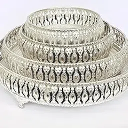 Decorative German Silver Tray Set of 4 Sets Designer Set Trays I Gifting Trays Set [Display for Home Wedding and Festive Decor Size 12 inch 10 inch 8 inch 6 inch-image-92