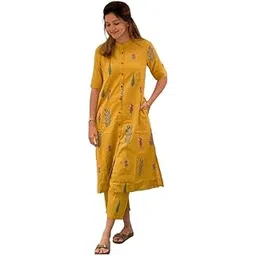 trends and tonic Women's Cotton Floral Printed Kurta Pant Set, Yellow, Casual Wear, 3/4 Sleeve Button Down-picture-26
