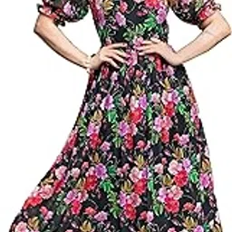 london belly Floral Print Maxi Dress, Puff Sleeves, Black with Pink and Red Flowers-picture-42