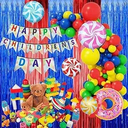 60 pcsChildren's Day Decoration Items with Multicolor Balloons Garland for Girls, Boys Children Day Balloons Decorations Items with Red and Blue Curtain for Children Day (Pack of 60)-image-3