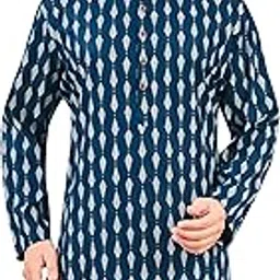 studio shringaar Men's Navy Blue Cotton Bohemian Printed Knee Length Relax Fit Kurta-picture-24